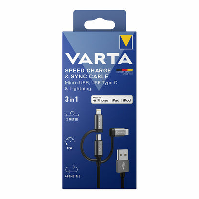 USB Cable Varta 2 m Black 3-in-1 USB-C Micro USB Lightning
