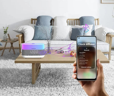 Diffusore Aromi Ultrasuoni Display Orologio Altoparlante Sveglia Musica Bluetooth Luce 7 Colori