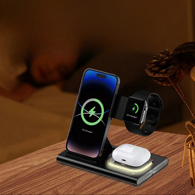Stazione Ricarica Wireless 3 In 1 Caricabatterie Compatibile Apple Samsung Telefono Smartwatch