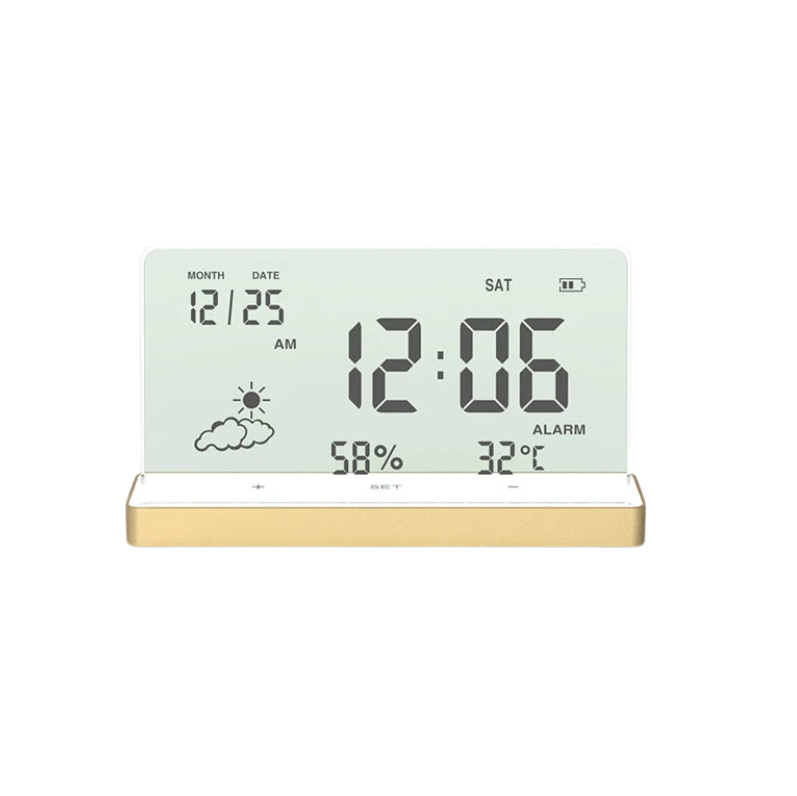 Orologio Digitale Trasparente Sveglia Display Schermo LCD Temperatura Umidità Data Meteo Casa Stanza Tavolo