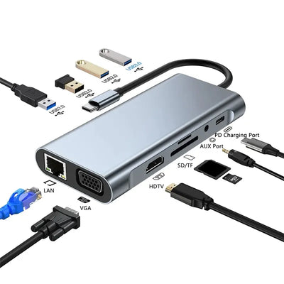 HUB USB 3.0 11 In 1 Adattatore Multi Porta Docking Station Type-C HDMI Gigabit 100M Velocità Trasmissione