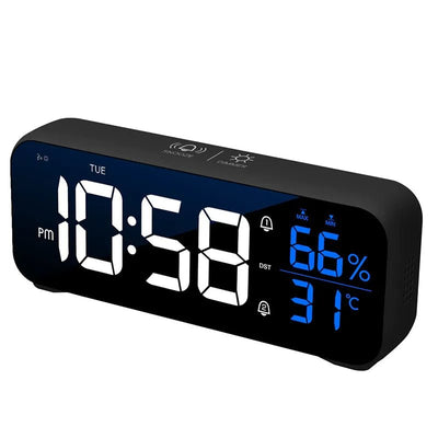 Orologio Digitale Sveglia LED Temperatura Orario 18 Suonerie 5 Livelli Luminosità Touch Snooze Display Batteria Casa