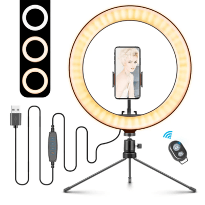 Lampada Led 10.2 Pollici Selfie Luce Rotazione 360° Anello Telecomando Wireless USB Morsetto Regolabile